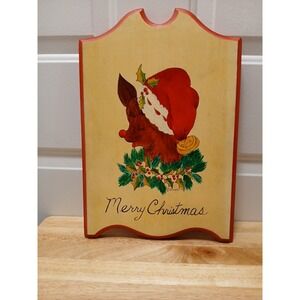 Merry Christmas Rudolph Hand Painted Wooden Wall Plaque Hanging Reindeer Vintage